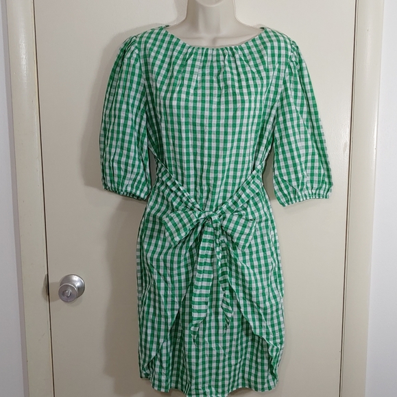 Womens Casual Plaid Crewneck Lantern Sleeve Wrap Tie Waist Party Short MiniDress - Picture 6 of 14